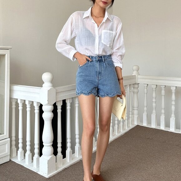 Blue Casual Womens Slant Pocket Scallop Trim Denim Shorts - Picture 3 of 5